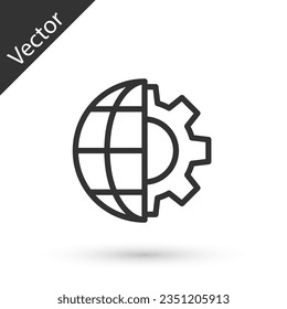 Grey line Globe of the Earth and gear or cog icon isolated on white background. Setting parameters. Global Options.  Vector Illustration