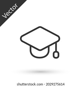 Grey line Graduation cap icon isolated on white background. Graduation hat with tassel icon.  Vector