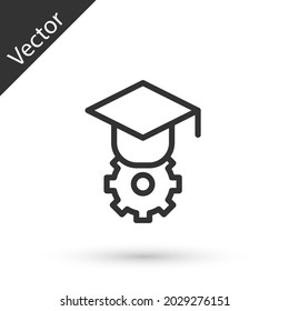Icono del tapón de graduación de línea gris aislado en fondo blanco. Sombrero de graduación con icono de tacón.  Vector