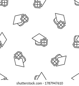 Grey line Graduation cap with shield icon isolated seamless pattern on white background. Insurance concept. Security, safety, protection, protect concept. Vector.