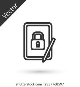Grey line Graphic tablet with closed padlock icon isolated on white background. Phone with lock. Mobile security, safety, protection concept.  Vector