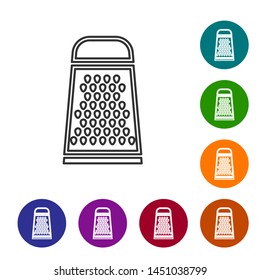 Grey line Grater icon isolated on white background. Kitchen symbol. Cooking utensil. Cutlery sign. Set icon in color circle buttons. Vector Illustration