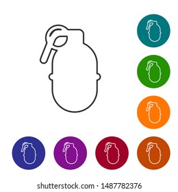 Grey line Hand grenade icon isolated on white background. Bomb explosion. Set icons in color circle buttons. Vector Illustration