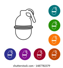 Grey line Hand grenade icon isolated on white background. Bomb explosion. Set icons in color circle buttons. Vector Illustration