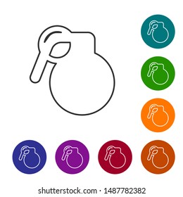Grey line Hand grenade icon isolated on white background. Bomb explosion. Set icons in color circle buttons. Vector Illustration