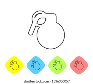 Grey line Hand grenade icon isolated on white background. Bomb explosion. Set icons in color rhombus buttons. Vector Illustration