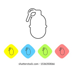 Grey line Hand grenade icon isolated on white background. Bomb explosion. Set icons in color rhombus buttons. Vector Illustration
