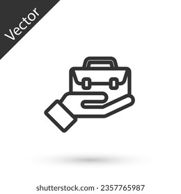 Grey line Hand holding briefcase icon isolated on white background. Insurance concept. Security, safety, protection, protect concept.  Vector