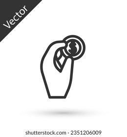 Grey line Hand holding coin money icon isolated on white background. Dollar or USD symbol. Cash Banking currency sign.  Vector Illustration