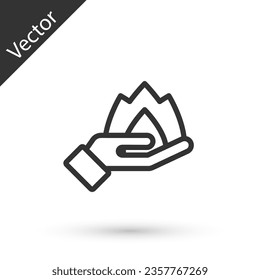 Grey line Hand holding a fire icon isolated on white background. Insurance concept. Security, safety, protection, protect concept.  Vector