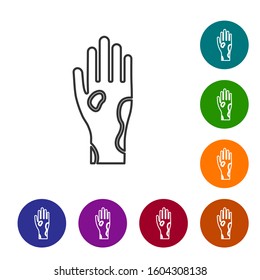 Grey line Hand with psoriasis or eczema icon isolated on white background. Concept of human skin response to allergen or chronic body problem. Set icons in color circle buttons. Vector Illustration