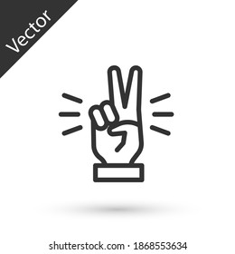 Grey line Hand showing two finger icon isolated on white background. Victory hand sign. Vector.