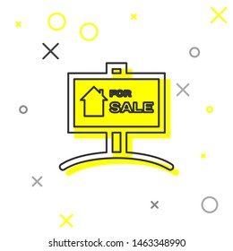 Grey line Hanging sign with text For Sale icon isolated on white background. Signboard with text For Sale.  Vector Illustration