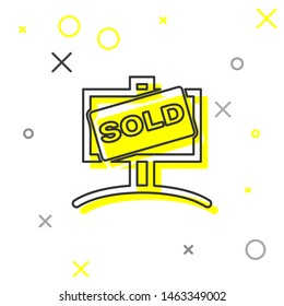 Grey line Hanging sign with text Sold icon isolated on white background. Sold sticker. Sold signboard.  Vector Illustration