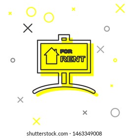 Grey line Hanging sign with text For Rent icon isolated on white background. Signboard with text For Rent.  Vector Illustration