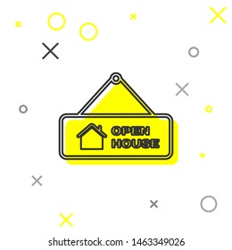 Grey line Hanging sign with text Open house icon isolated on white background. Signboard with text Open house.  Vector Illustration