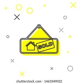 Grey line Hanging sign with text Sold icon isolated on white background. Sold sticker. Sold signboard.  Vector Illustration