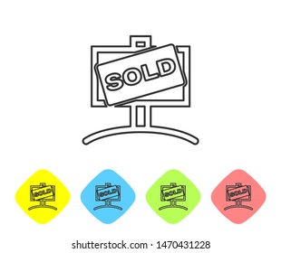 Grey line Hanging sign with text Sold icon isolated on white background. Sold sticker. Sold signboard. Set icons in color rhombus buttons. Vector Illustration