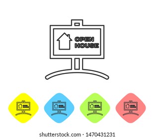 Grey line Hanging sign with text Open house icon isolated on white background. Signboard with text Open house. Set icons in color rhombus buttons. Vector Illustration