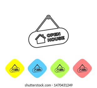 Grey line Hanging sign with text Open house icon isolated on white background. Signboard with text Open house. Set icons in color rhombus buttons. Vector Illustration