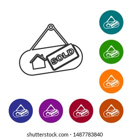 Grey line Hanging sign with text Sold icon isolated on white background. Sold sticker. Sold signboard. Set icons in color circle buttons. Vector Illustration