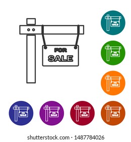 Grey line Hanging sign with text For Sale icon isolated on white background. Signboard with text For Sale. Set icons in color circle buttons. Vector Illustration