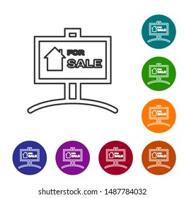 Grey line Hanging sign with text For Sale icon isolated on white background. Signboard with text For Sale. Set icons in color circle buttons. Vector Illustration