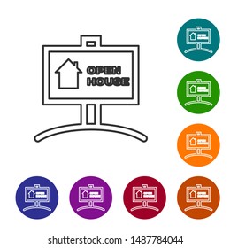Grey line Hanging sign with text Open house icon isolated on white background. Signboard with text Open house. Set icons in color circle buttons. Vector Illustration