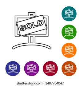 Grey line Hanging sign with text Sold icon isolated on white background. Sold sticker. Sold signboard. Set icons in color circle buttons. Vector Illustration