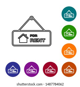 Grey line Hanging sign with text For Rent icon isolated on white background. Signboard with text For Rent. Set icons in color circle buttons. Vector Illustration