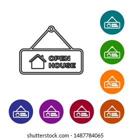 Grey line Hanging sign with text Open house icon isolated on white background. Signboard with text Open house. Set icons in color circle buttons. Vector Illustration
