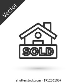 Señal de colgado de línea gris con texto Icono de venta aislado en fondo blanco. Vender pegatina. Cartel de venta. Vector.