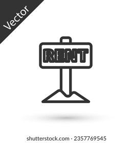 Grey line Hanging sign with text Rent icon isolated on white background. Signboard with text For Rent.  Vector