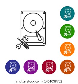 Grey line Hard disk drive with screwdriver and wrench icon isolated on white background. Adjusting, service, setting, maintenance, repair, fixing. Set icon in color circle buttons. Vector Illustration