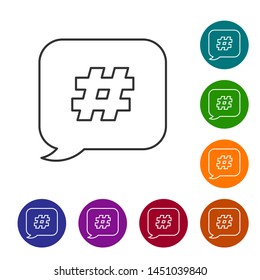 Grey line Hashtag speech bubble icon isolated on white background. Concept of number sign, social media marketing, micro blogging. Set icon in color circle buttons. Vector Illustration