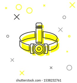 Grey line Head flashlight icon isolated on white background. Tourist head flashlight. Camping head light.  Vector Illustration