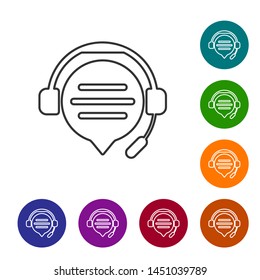 Grey line Headphones with speech bubble chat icon isolated on white background. Support customer service, hotline, call center, faq, maintenance. Set icon in color circle buttons. Vector Illustration