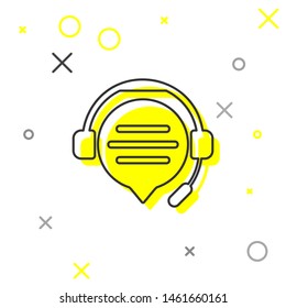 Grey line Headphones with speech bubble chat icon isolated on white background. Support customer service, hotline, call center, faq, maintenance.  Vector Illustration