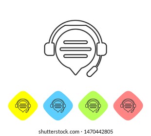 Grey line Headphones with speech bubble chat icon isolated on white background. Support customer service, hotline, call center, faq, maintenance. Set icon in color rhombus buttons. Vector Illustration