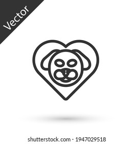 Grey line Heart with dog icon isolated on white background. Pet paw in heart. Love to the animals. Vector