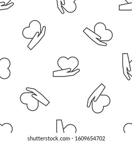 Grey line Heart on hand icon isolated seamless pattern on white background. Hand giving love symbol. Valentines day symbol.  Vector Illustration