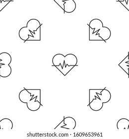 Grey line Heart rate icon isolated seamless pattern on white background. Heartbeat sign. Heart pulse icon. Cardiogram icon.  Vector Illustration