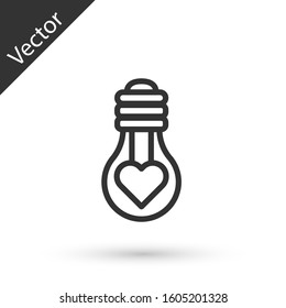 Grey line Heart shape in a light bulb icon isolated on white background. Love symbol. Valentine day symbol.  Vector Illustration