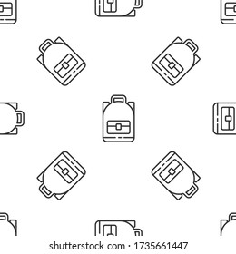 Icono de la mochila de excursión en línea gris aislado de un patrón sin fisuras en fondo blanco. Caminando y explorando la montaña con mochila. Ilustración vectorial