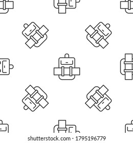 Grey line Hiking backpack icon isolated seamless pattern on white background. Camping and mountain exploring backpack. Vector