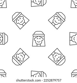 Grey line Hippie girl icon isolated seamless pattern on white background. Peace and love sign. Symbol pacificism freedom and love.  Vector