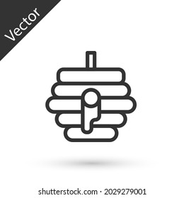 Grey line Hive for bees icon isolated on white background. Beehive symbol. Apiary and beekeeping. Sweet natural food.  Vector