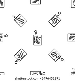 Grey line Honey dipper stick icon isolated seamless pattern on white background. Honey ladle.  Vector