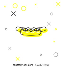 Grey line Hotdog sandwich with mustard icon isolated on white background. Sausage icon. Street fast food menu.  Vector Illustration