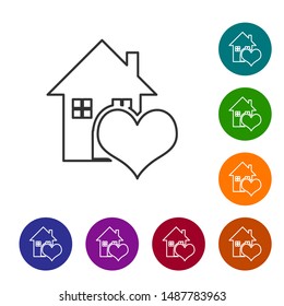 Grey line House with heart shape icon isolated on white background. Love home symbol. Family, real estate and realty. Set icons in color circle buttons. Vector Illustration
